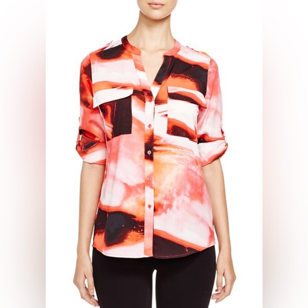 Coral Abstract Print Roll-Sleeve Blouse